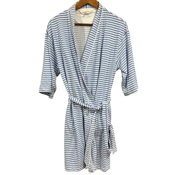 Stan Herman Women’s Size M Short Sleeve Tie Waist Mid Length Robe Blue Stripe - Picture 1 of 5